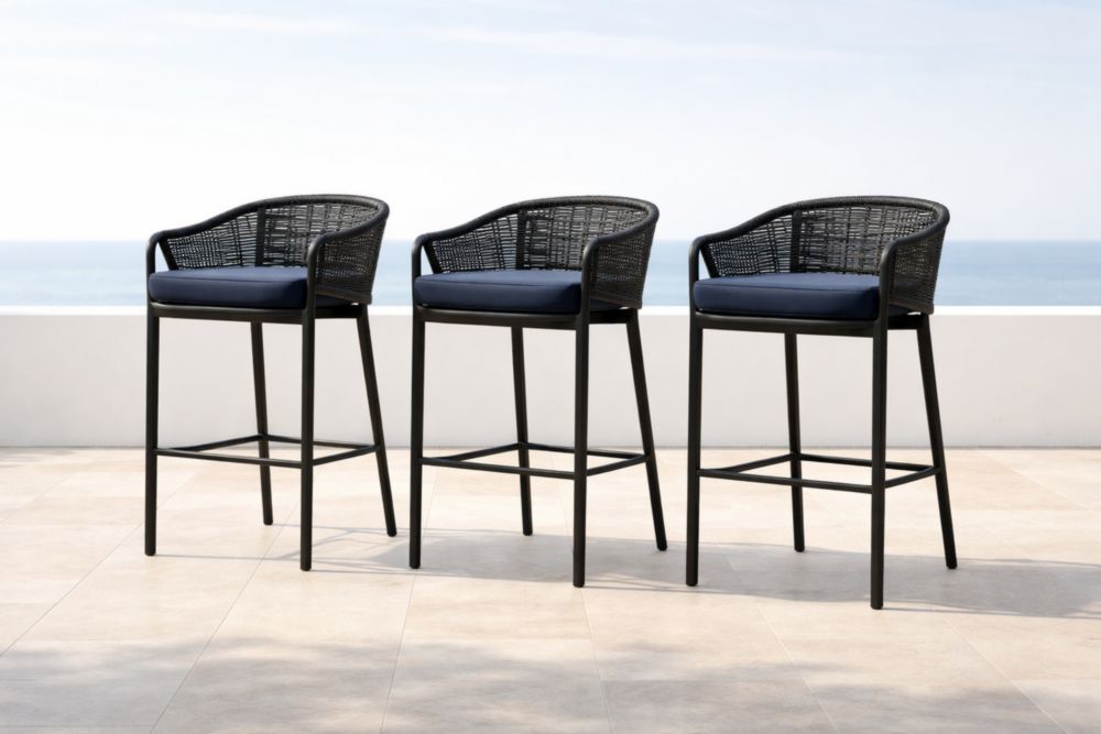 Lot de 3 Chaises de Bar en Aluminium et Résine Tressée avec Coussin Bleu