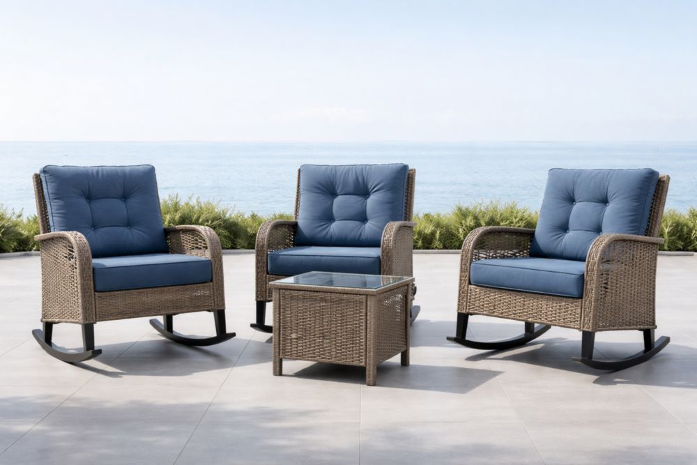 Ensemble de Chaises à Bascule en Rotin Synthétique et Table avec Coussins Bleus