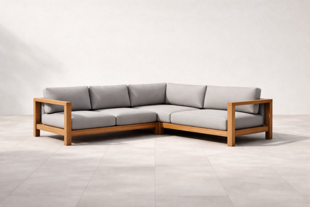 Canapé d'angle en bois et tissu gris