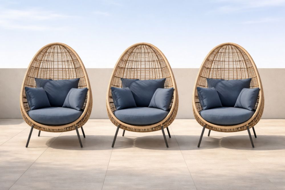 Ensemble de 3 fauteuils œuf en résine tressée avec coussins en polyester Bleu