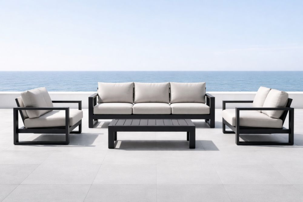 Ensemble de salon extérieur en aluminium avec coussins beige