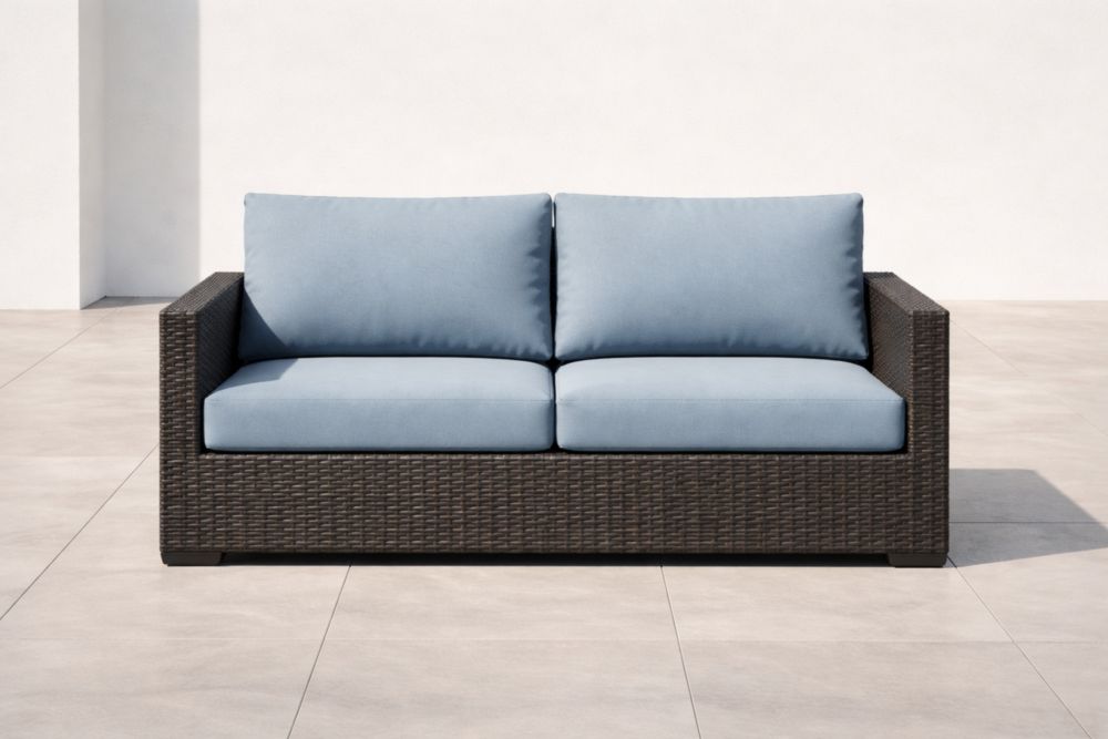 Canapé d'extérieur en résine tressée avec coussins en polyester bleu