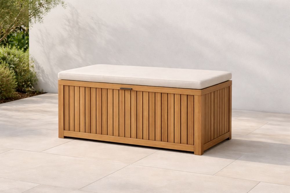 Banc de stockage extérieur en bois avec coussin beige