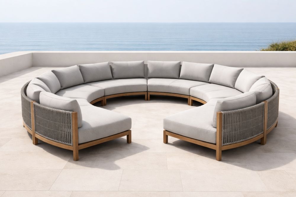 Canapé d’extérieur sectionnel arrondi en bois et corde polyester gris