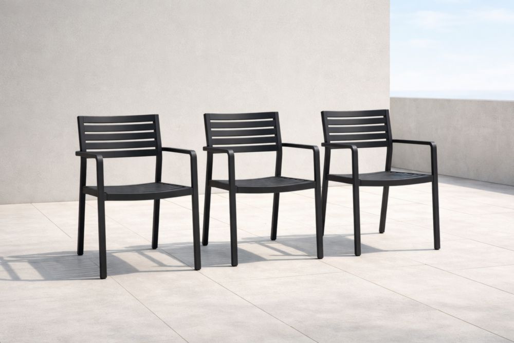 Chaises en aluminium noir pour extérieur, lot de 3