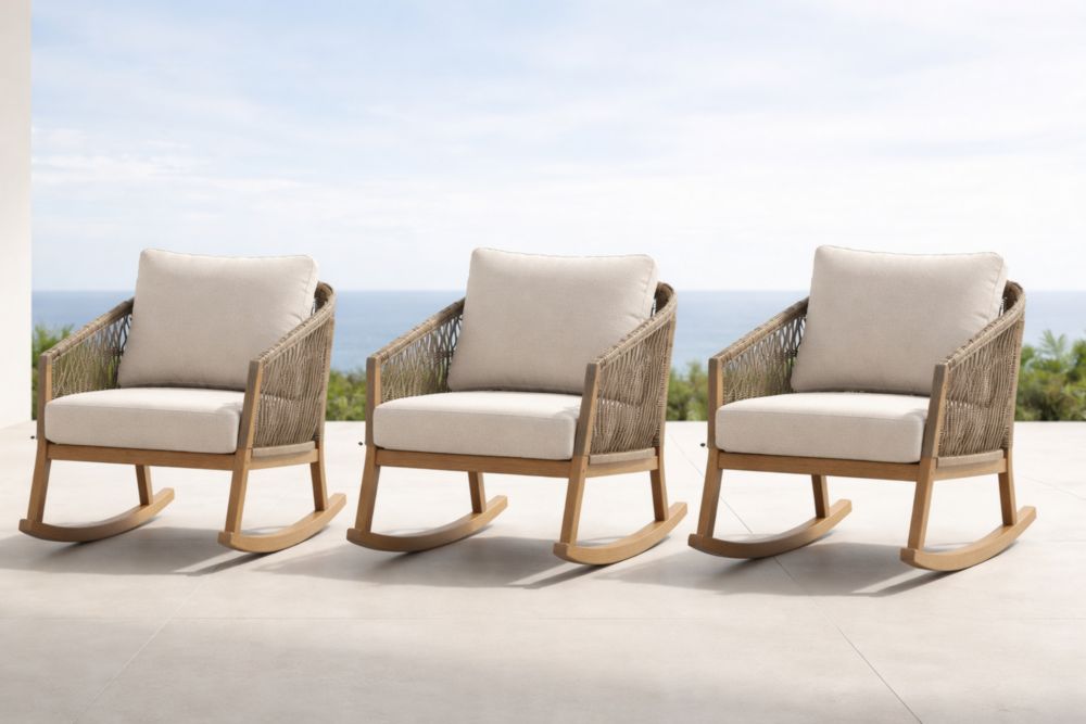 Ensemble de 3 chaises à bascule en bois et rotin synthétique Beige