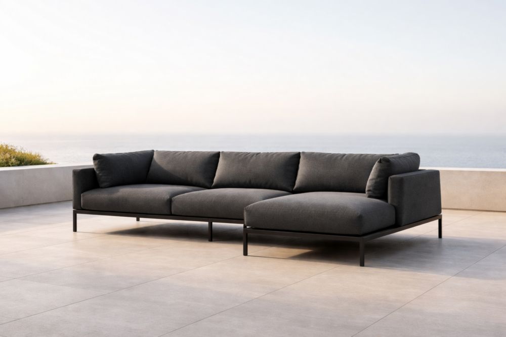 Canapé d'angle extérieur en métal et tissu polyester gris