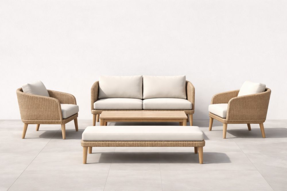 Ensemble de Salon de Jardin en Rotin Synthétique et Bois