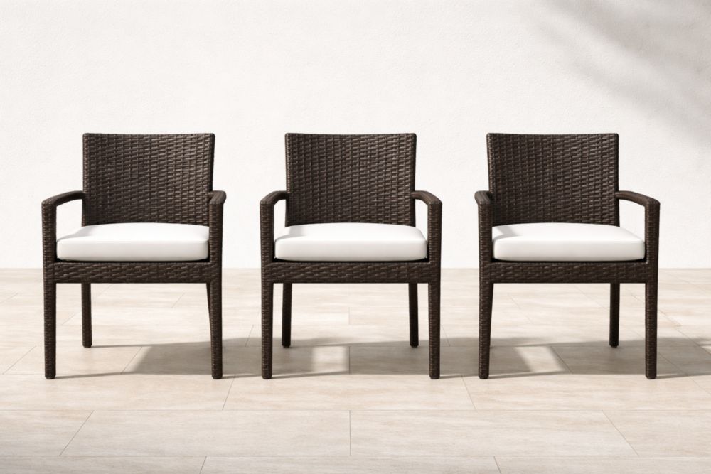 Ensemble de 3 chaises de jardin en rotin synthétique Marron avec coussins Blanc crème