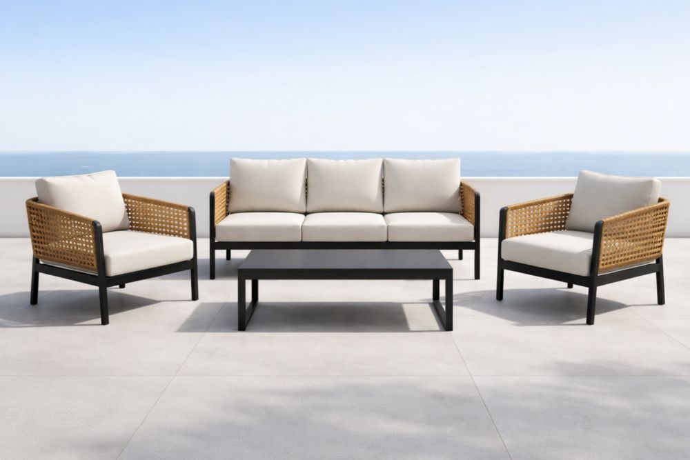 Ensemble de meubles de jardin en aluminium noir et osier avec coussins crème