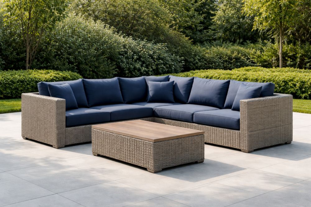 Ensemble de salon d'extérieur en résine tressée bleu et gris avec coussins et table basse