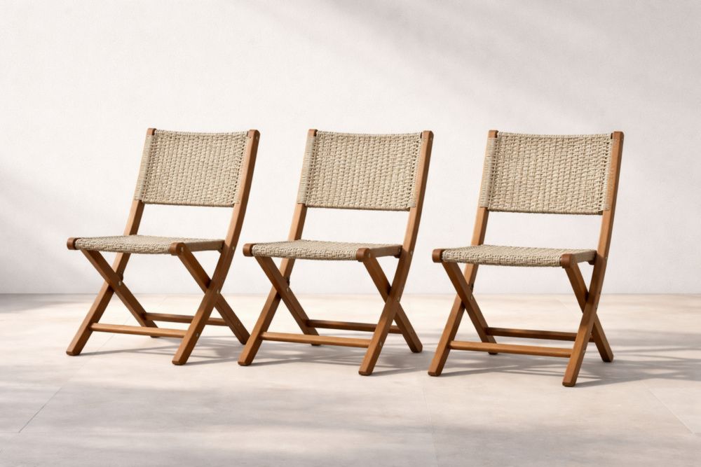 Lot de 3 chaises pliantes en bois et corde