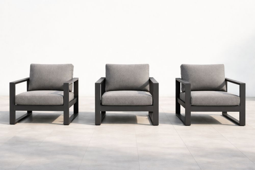 Ensemble de 3 fauteuils en aluminium avec coussins en tissu gris