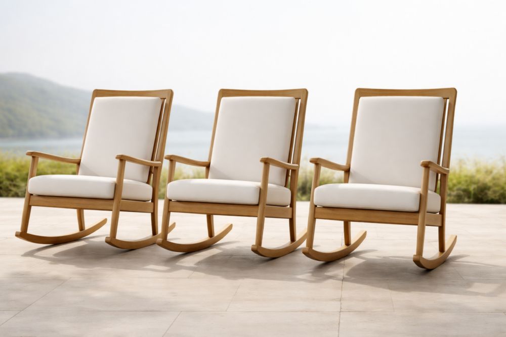 Lot de 3 fauteuils à bascule en bois et tissu blanc
