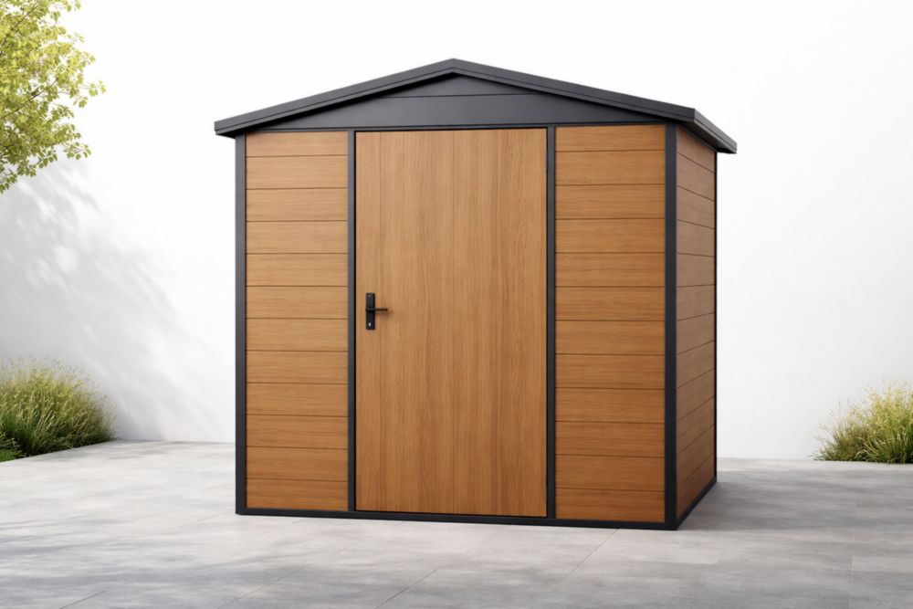 Abri de Jardin Bois Composite Acier Marron Noir 182x237x200 cm