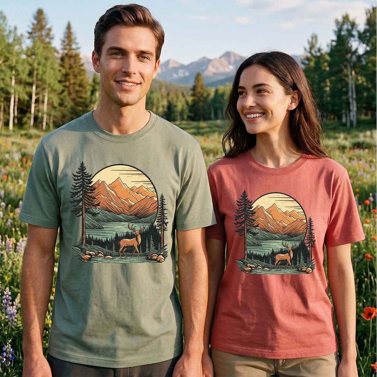 Vintage Mountain Deer Scenic Nature Outdoor T-Shirt