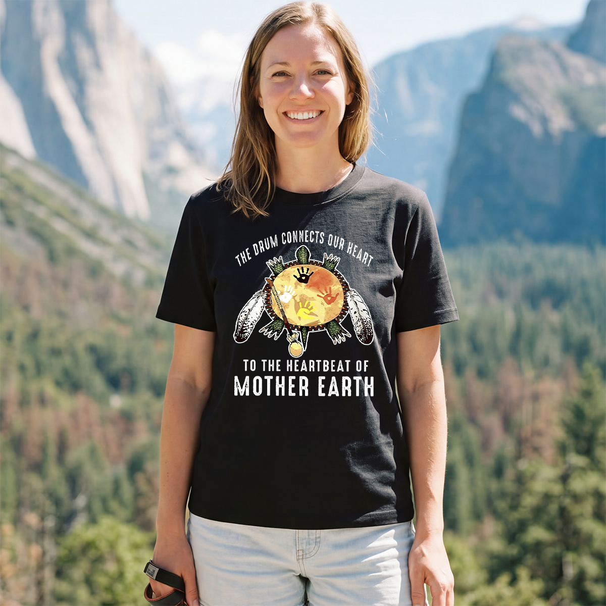 The Drum Connects Our Heart To The Heartbeat Of Mother Earth Drum T‑Shirt