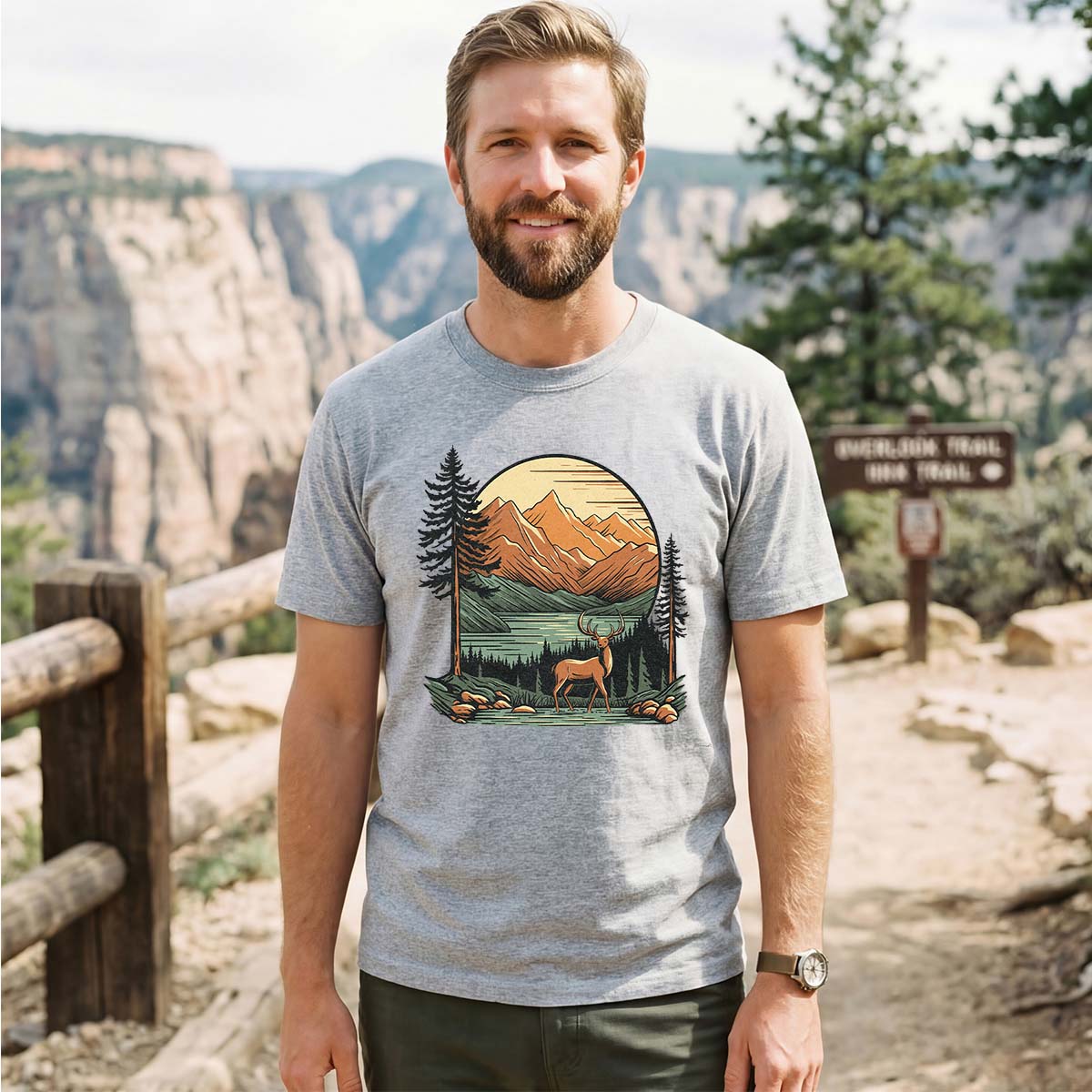 Vintage Mountain Deer Scenic Nature Outdoor T-Shirt