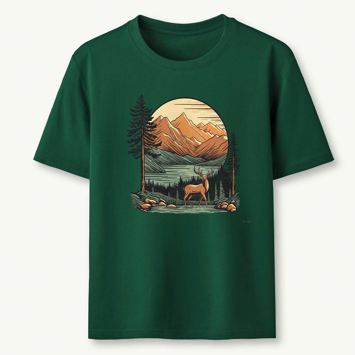 Vintage Mountain Deer Scenic Nature Outdoor T-Shirt
