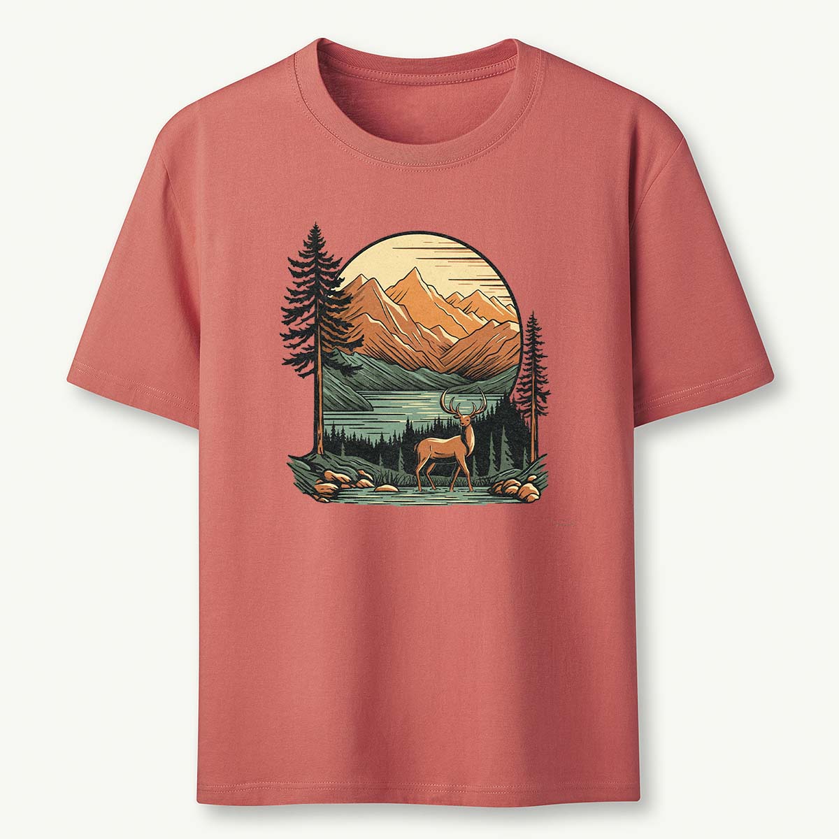 Vintage Mountain Deer Scenic Nature Outdoor T-Shirt
