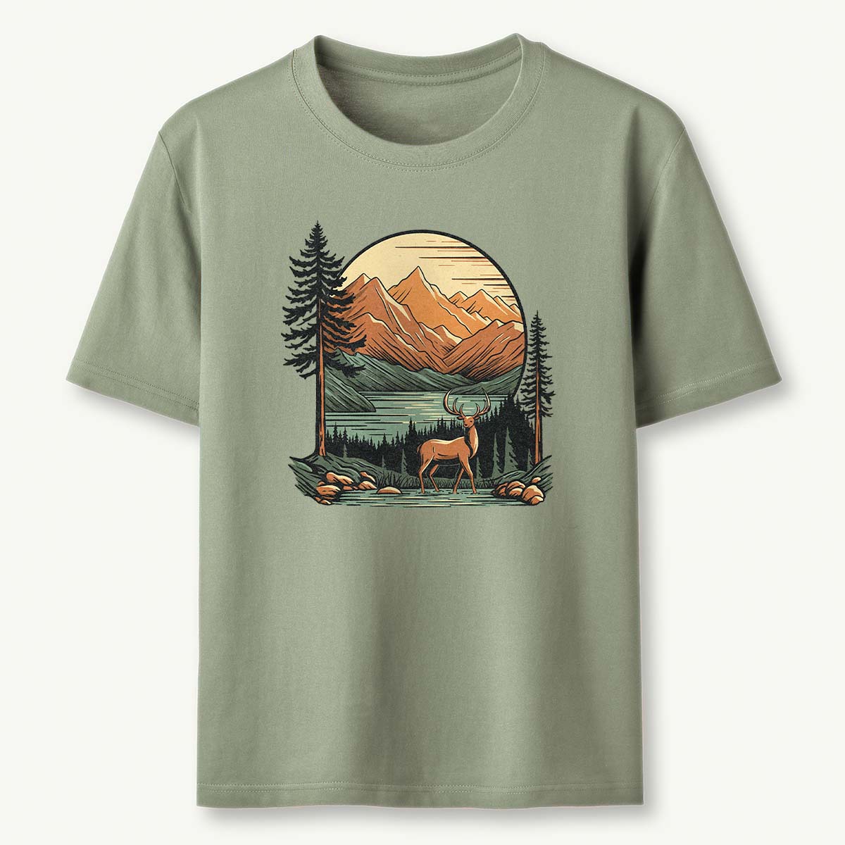 Vintage Mountain Deer Scenic Nature Outdoor T-Shirt