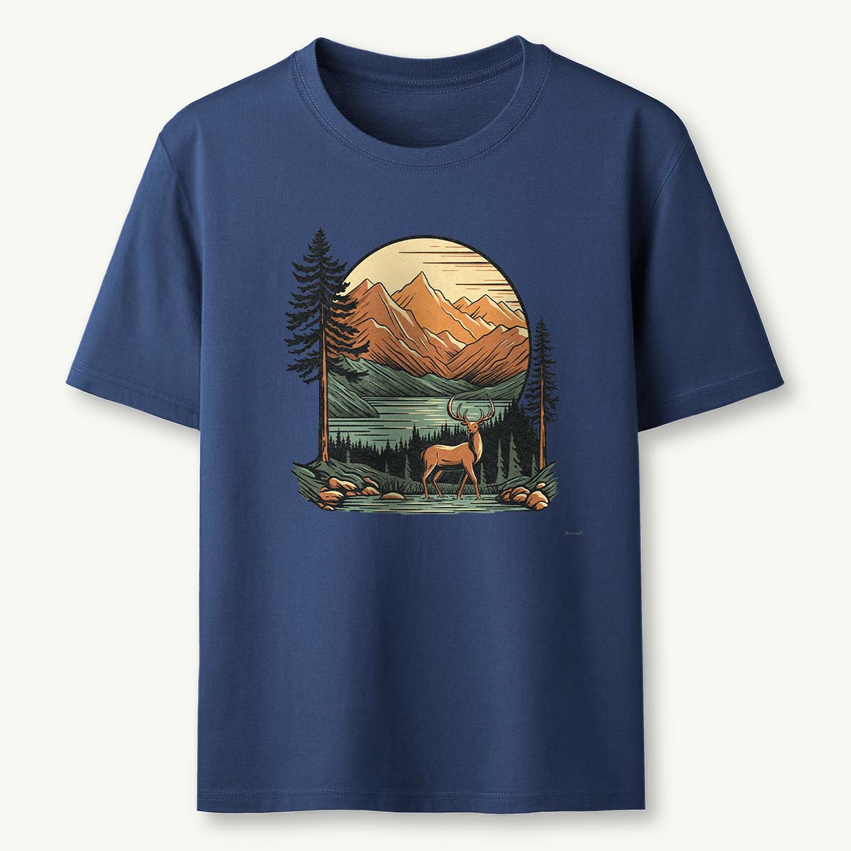 Vintage Mountain Deer Scenic Nature Outdoor T-Shirt