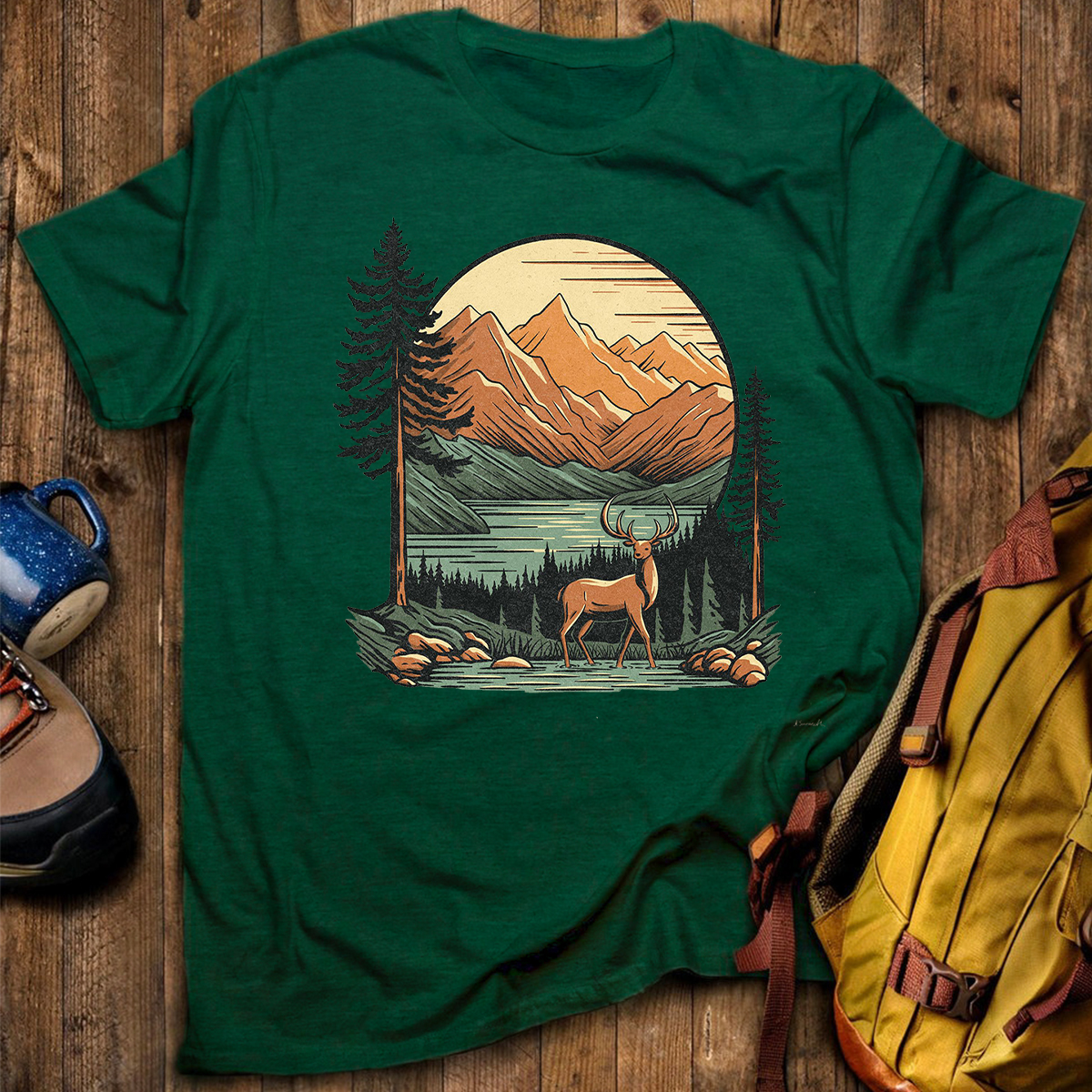 Vintage Mountain Deer Scenic Nature Outdoor T-Shirt