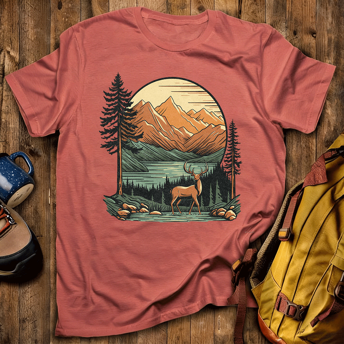 Vintage Mountain Deer Scenic Nature Outdoor T-Shirt