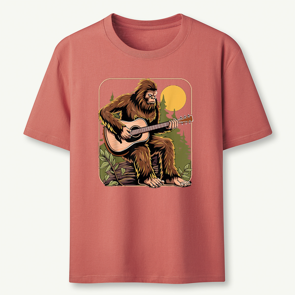 Retro Bigfoot Sasquatch Playing Acoustic Guitar Guitarist T-Shirt