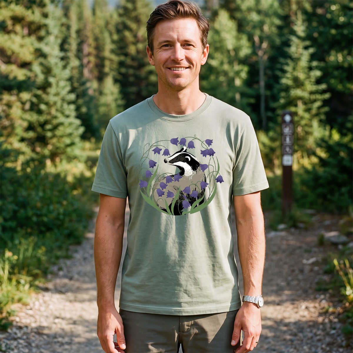 Badger and Bluebell Graphic Nature Wildlife Illustration T‑Shirt
