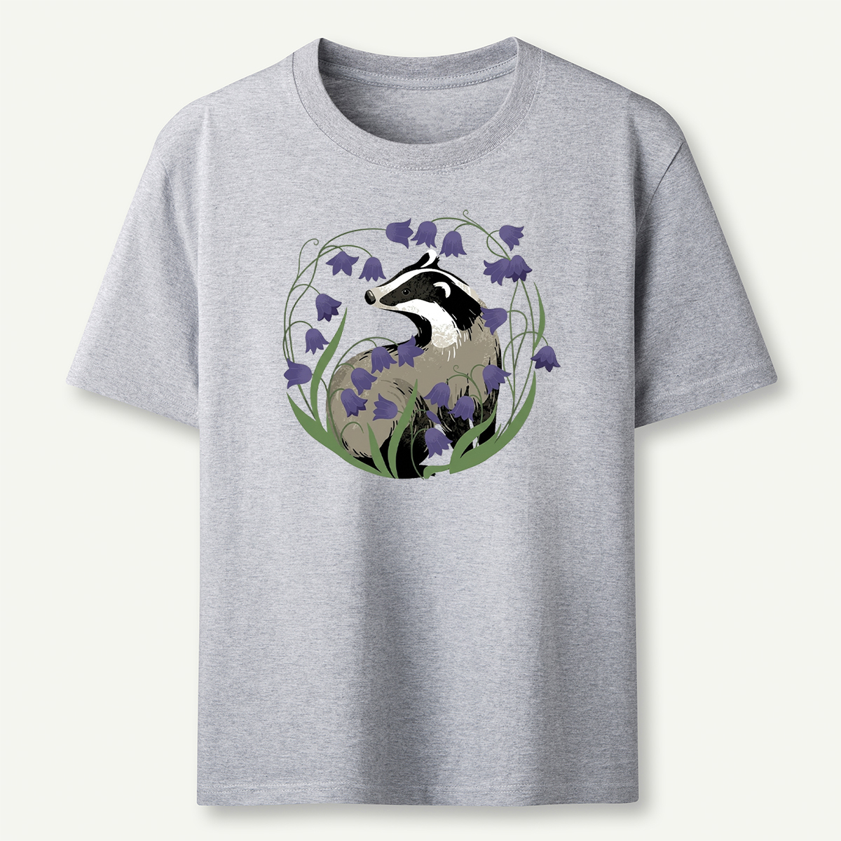 Badger and Bluebell Graphic Nature Wildlife Illustration T‑Shirt