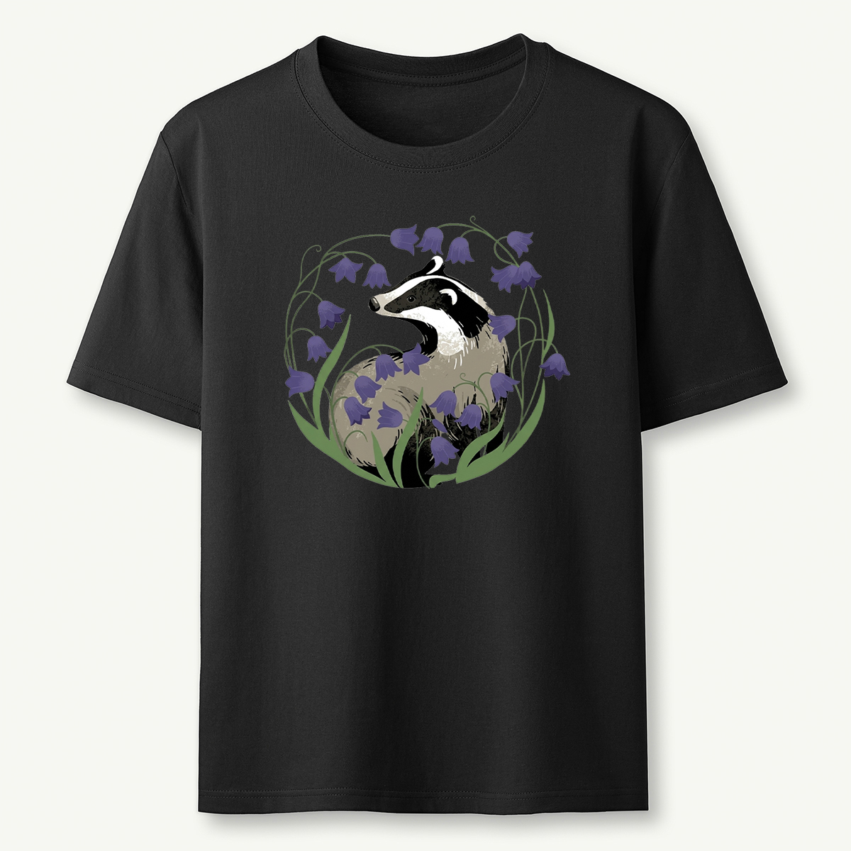 Badger and Bluebell Graphic Nature Wildlife Illustration T‑Shirt