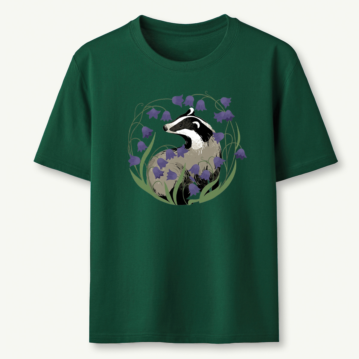 Badger and Bluebell Graphic Nature Wildlife Illustration T‑Shirt