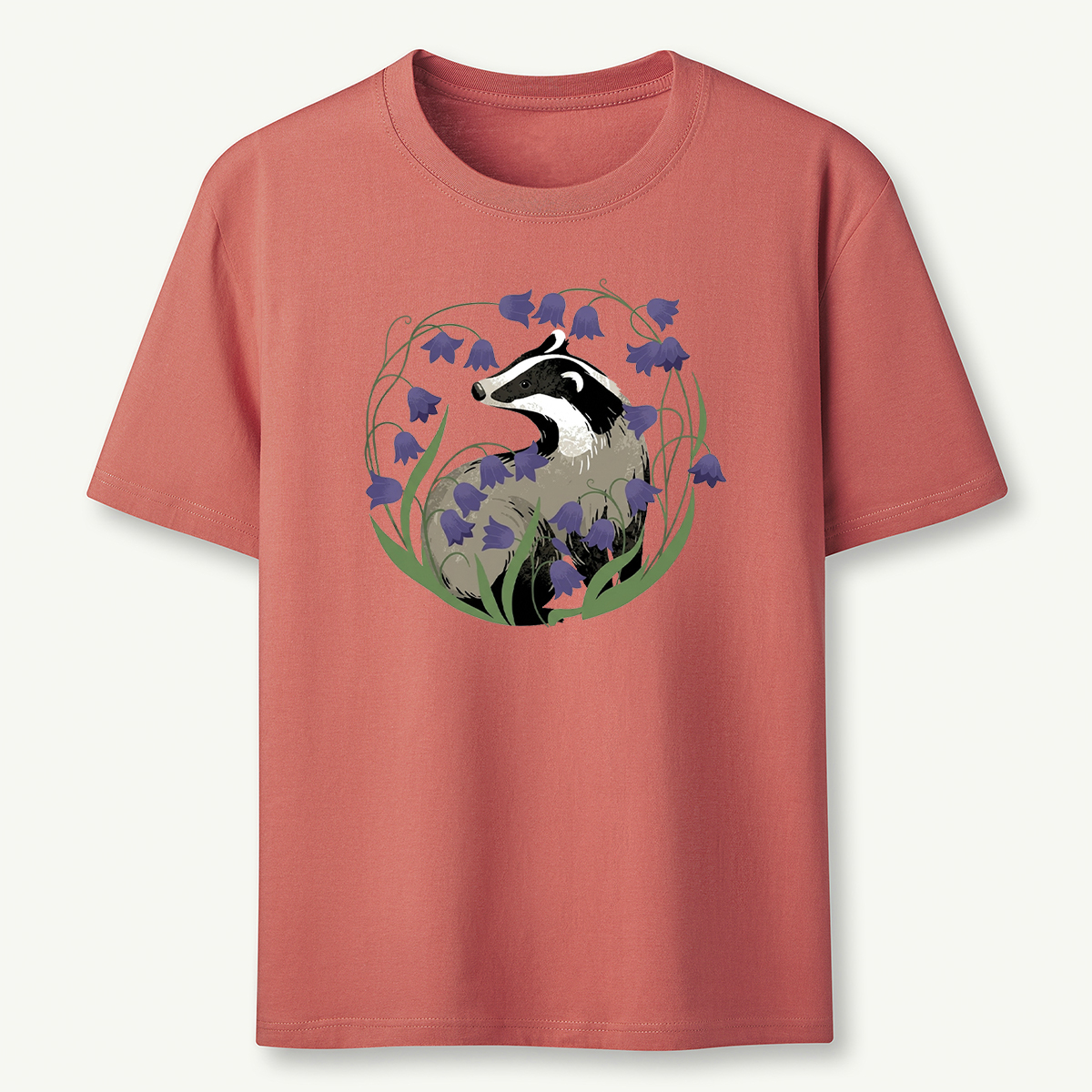 Badger and Bluebell Graphic Nature Wildlife Illustration T‑Shirt