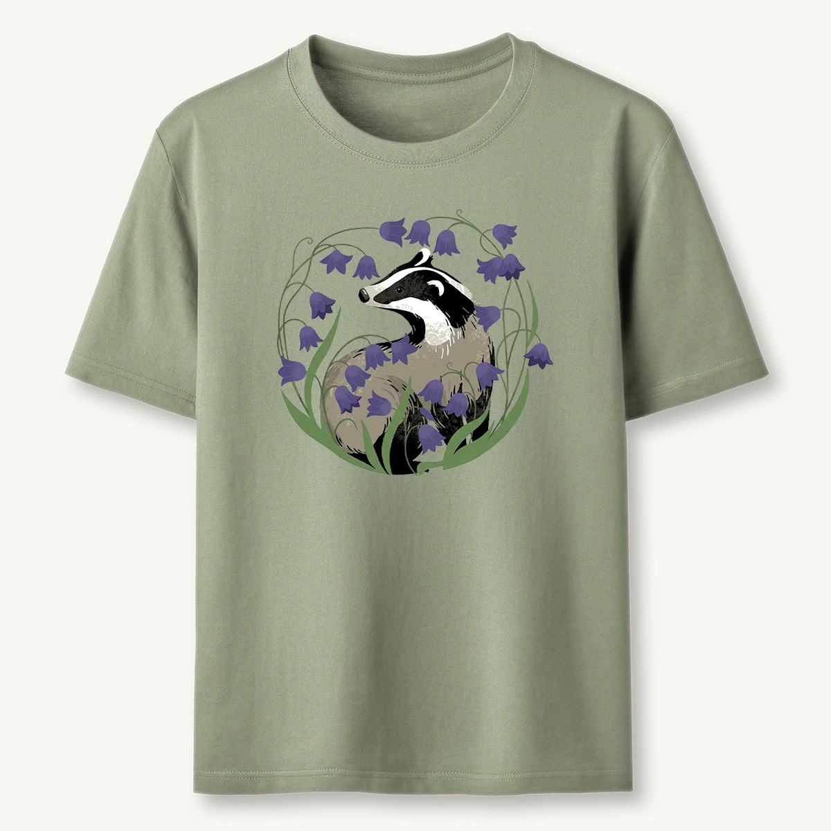Badger and Bluebell Graphic Nature Wildlife Illustration T‑Shirt
