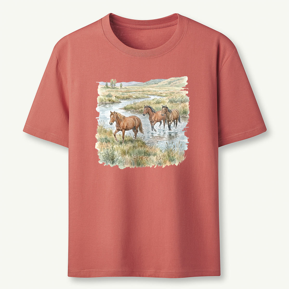 Wild Horses River Retro Western Nature Wildlife Landscape T-Shirt