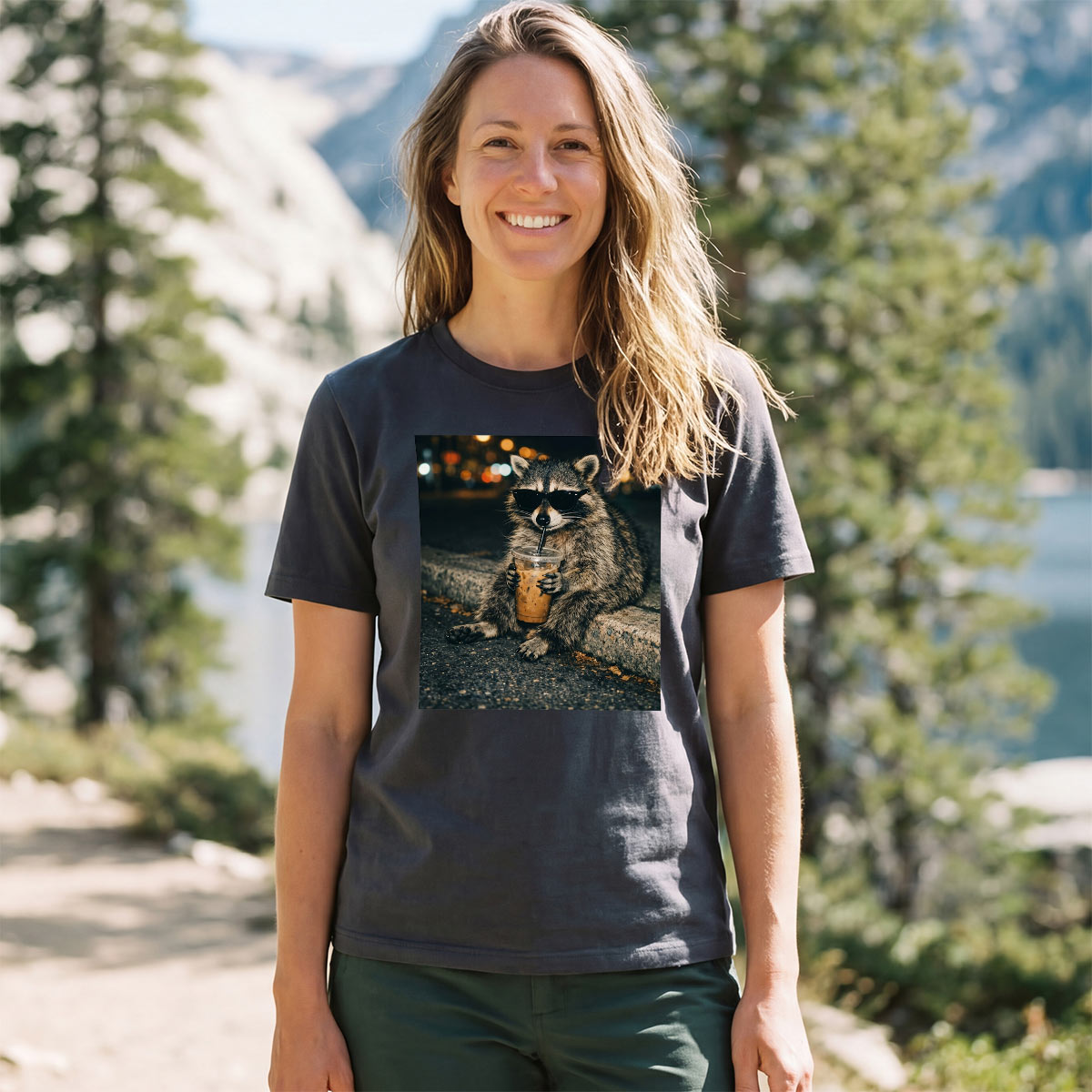 Funny Raccoon Drinking Iced Coffee T-Shirt