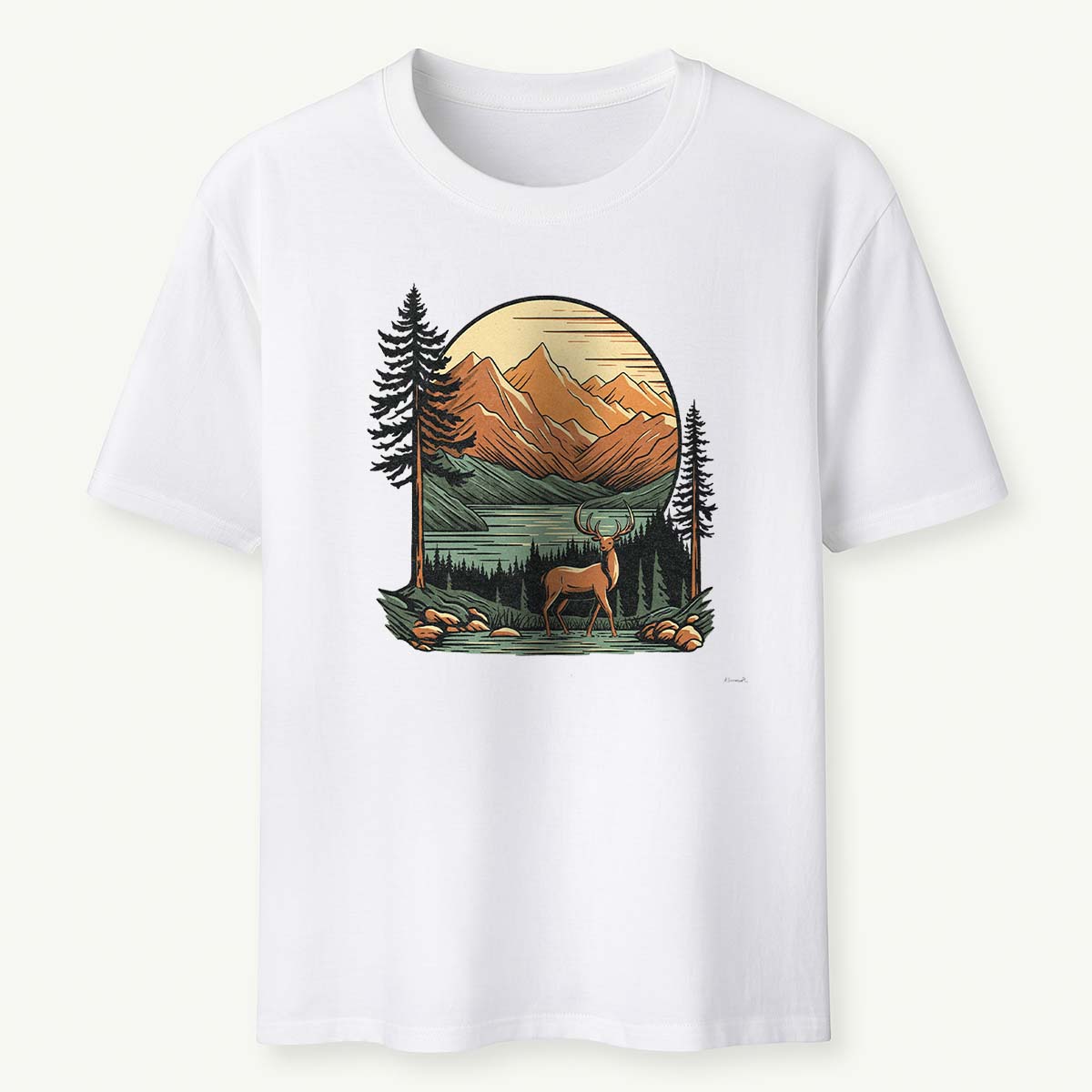 Vintage Mountain Deer Scenic Nature Outdoor T-Shirt