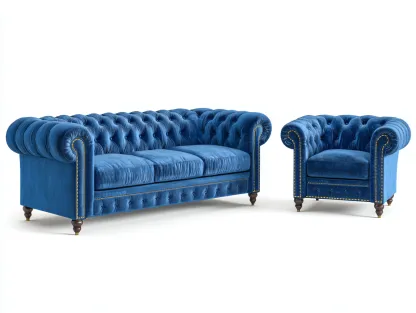 Ensemble de canapés-velours-218x96x84 cm-Bleu-Style chesterfield-Nestuphub