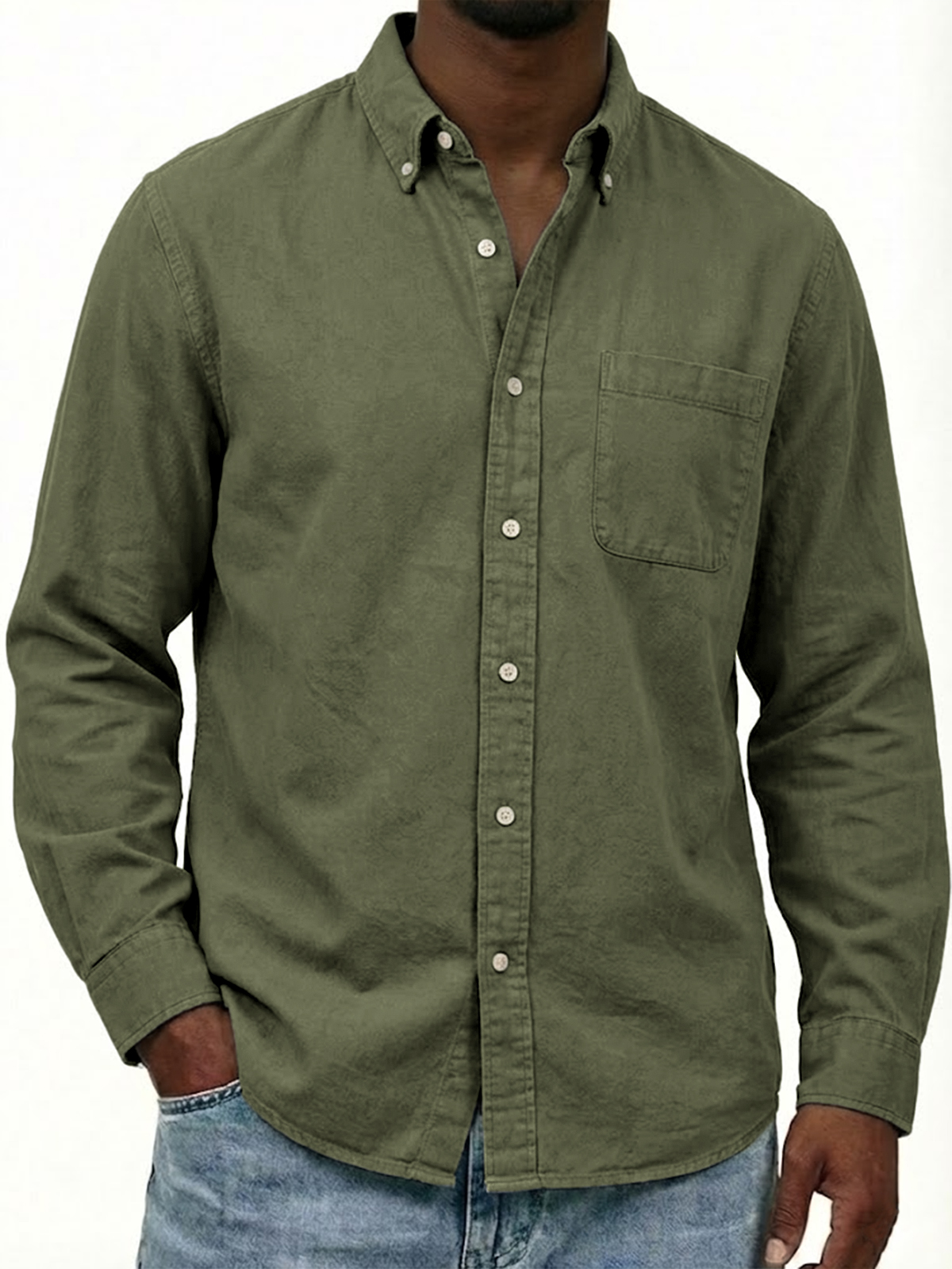 Camisa de manga longa casual para homens em algodão Oxford com botões e bolsos