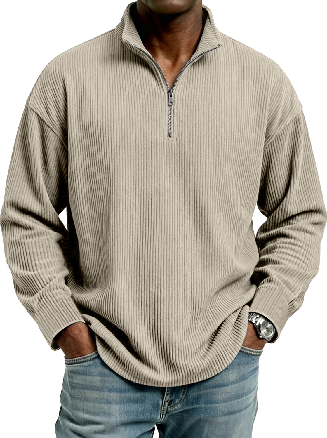 Camiseta de manga longa com zíper e gola alta para homens, confortável