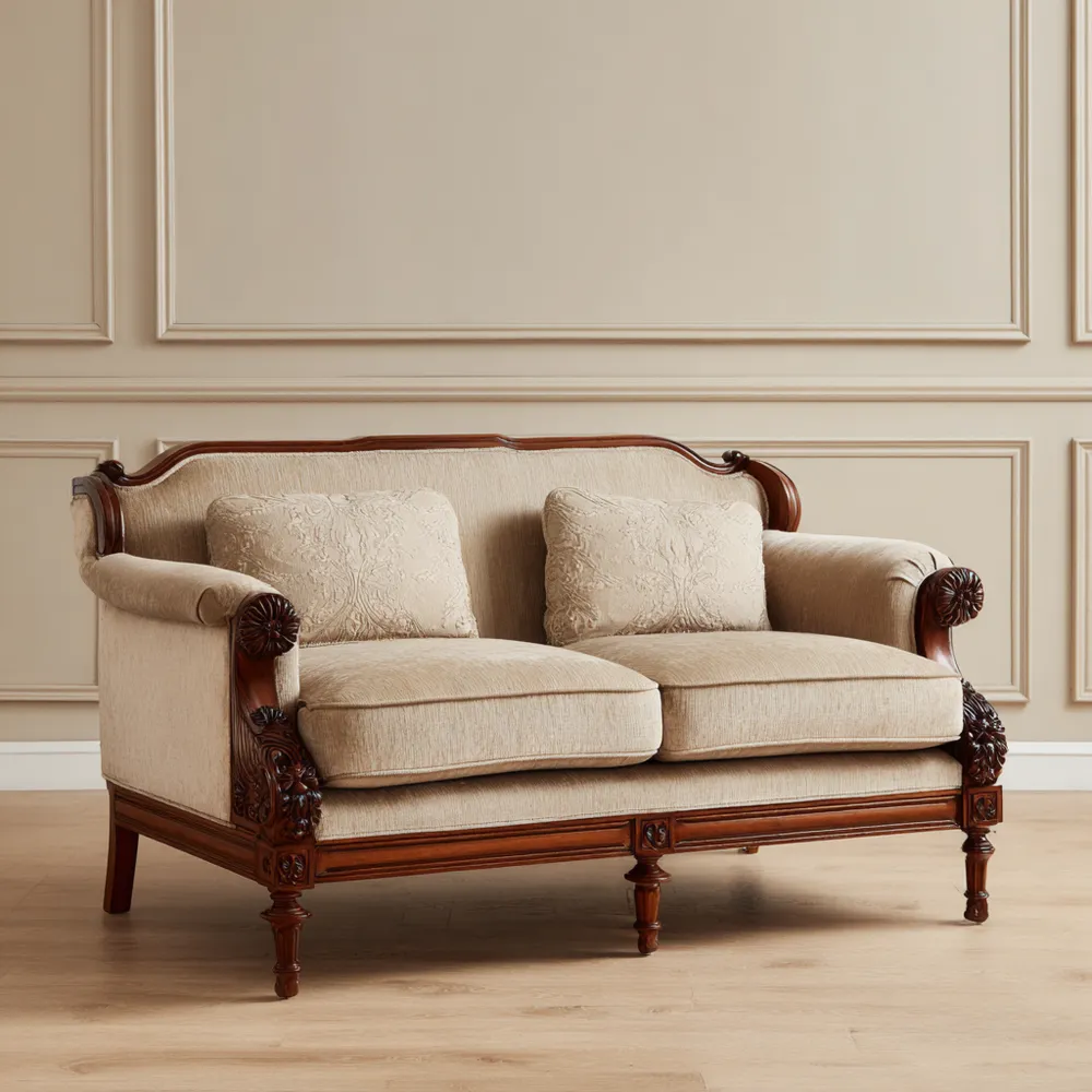 Canapé 2 places bois sculpté 140x80x90 cm – Beige – Style classique-Casaivora