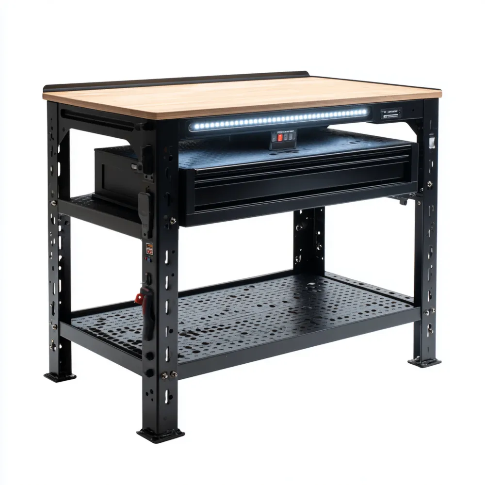 Établi de travail en métal et bois avec éclairage LED et tiroir intégré – 120x60x90 cm – Noir/Naturel