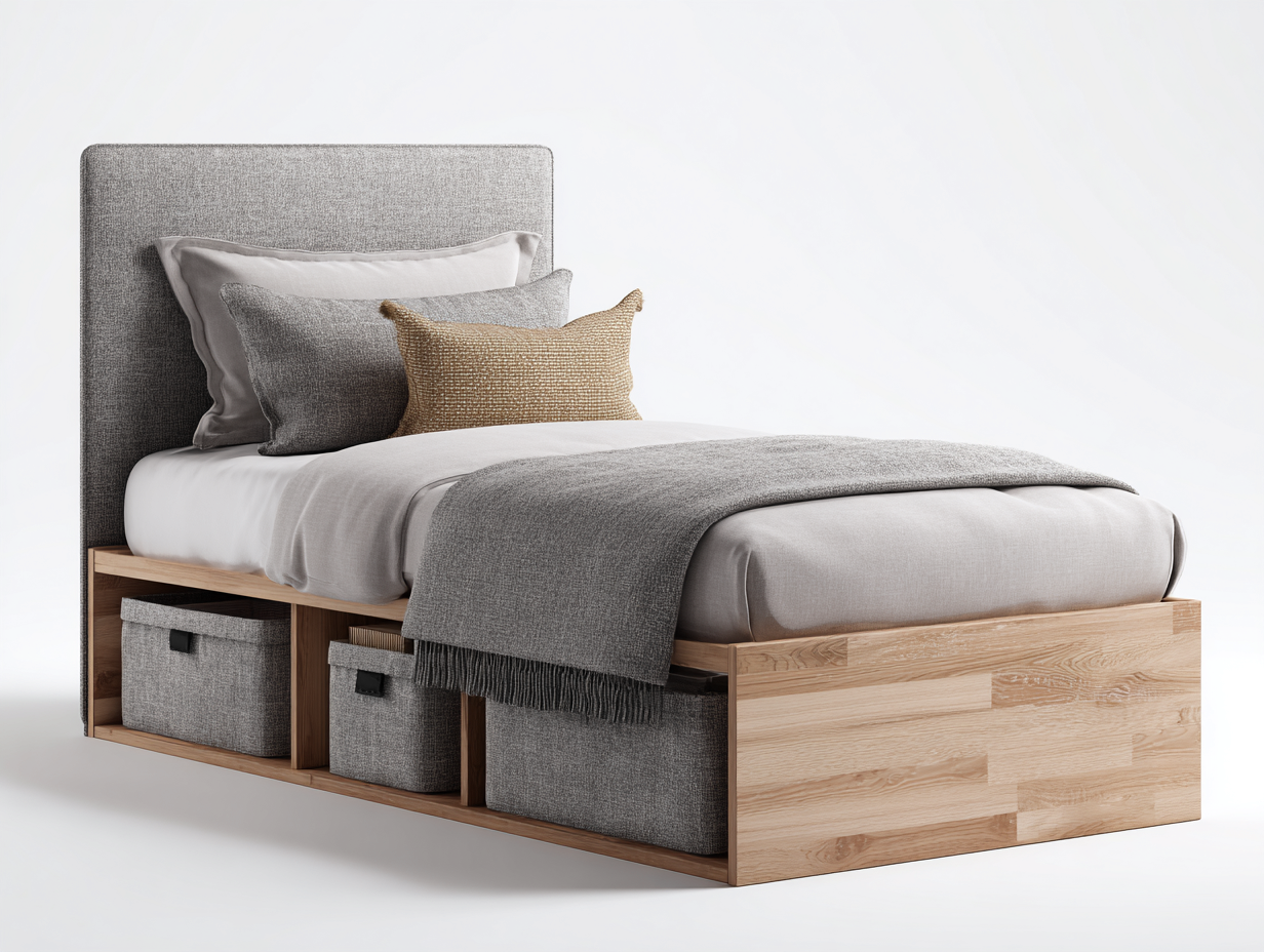 Lit simple-bois-textile-200x90x95 cm-bois naturel-gris-style moderne-Oakmyhaus