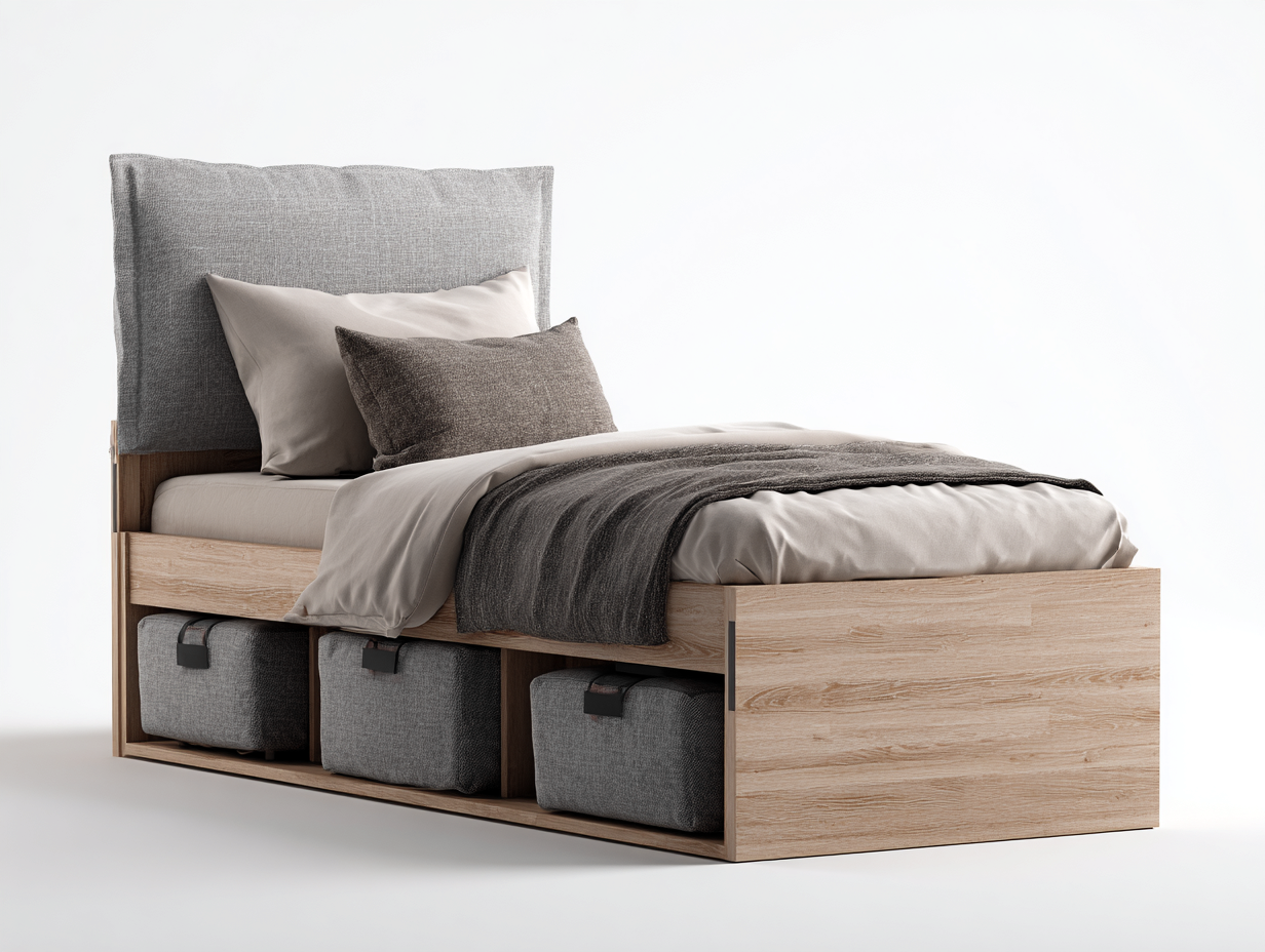 Lit simple-bois-textile-200x90x94 cm-bois naturel-gris-style moderne-Oakmyhaus