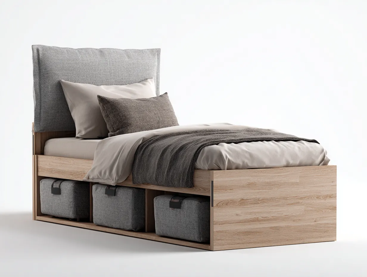 Lit simple-bois-textile-200x90x94 cm-bois naturel-gris-style moderne-Oakmyhaus