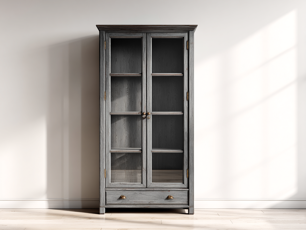 Vitrine - bois-verre - 72x40x185 cm - Gris vieilli - style classique authentique-Oakmyhaus