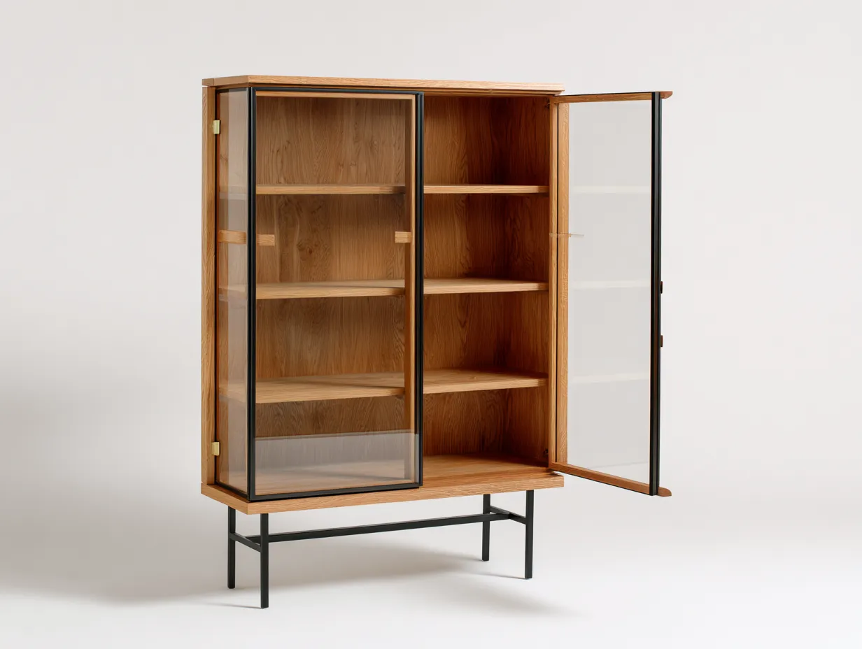 Vitrine - bois-verre-métal - 95x40x165 cm - Bois naturel-Noir - style moderne minimaliste-Oakmyhaus