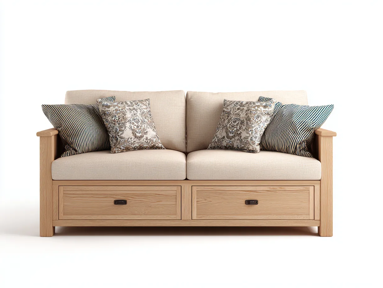 Canapé lit - Bois-Tissu - 195x90x85 cm - Bois clair-Beige - Style contemporain-Oakmyhaus