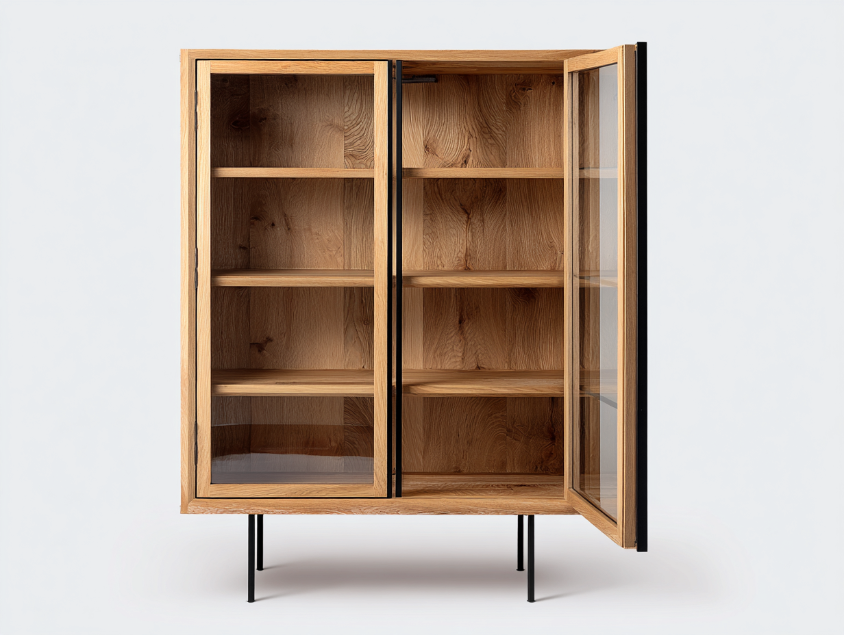 Vitrine - bois-verre-métal - 100x42x160 cm - Bois naturel-Noir - moderne épuré-Oakmyhaus